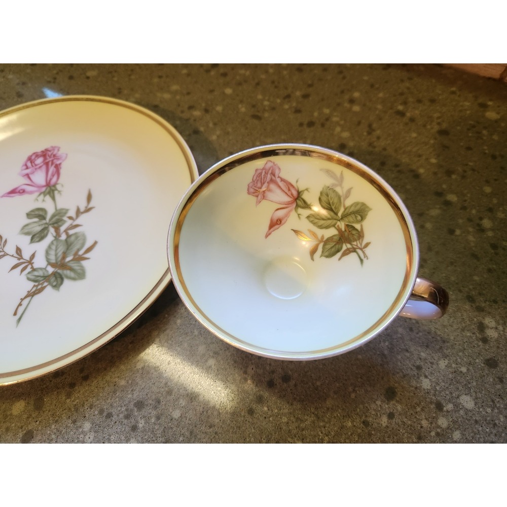 VTG Wundsiedel Bavaria Teacup Saucer Dessert Plate Set Gold Rim Floral Motif - Picture 6 of 8
